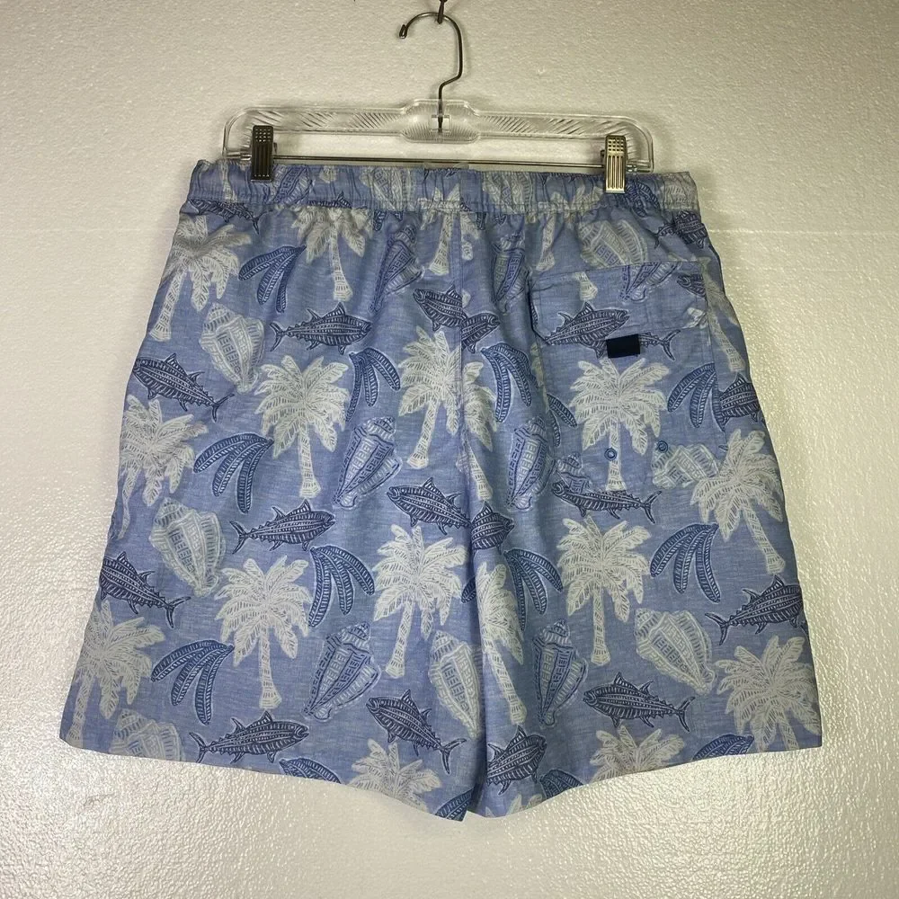 Vineyard Vines Swim Trunks Mens Size M Blue White lined Logo draw string elastic